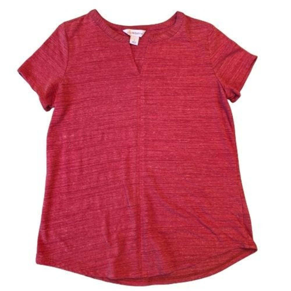 Liz Claiborne Womens S‎ Red Heather Split Neck Short Sleeve Top Business Casual